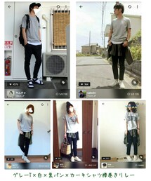 リレーコーデ✨ | グレー×白×黒×カーキシャツ腰巻きリレーコーデ👍(その他)