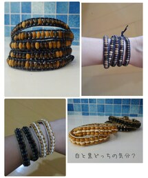 Handmade | ウッドビーズ+ロー引き5連ラップブレスと白黒2連ブレス☆自作(ブレスレット)