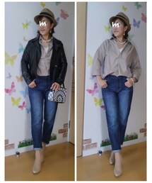 アウター無し&ストール無しver. | 左:ストール無し 右:ライダース無しでベージュのパンプスを合せて(その他)