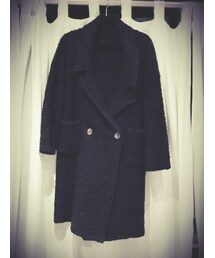 no brand | QQ毛針織寬鬆感長版外套 (黑色)(ピーコート)