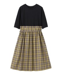 GU | GIRLSチェックコンビリブワンピース(5分袖)(ワンピース)