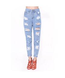 BKRM WHITE LABEL - SHREDDED BOYFRIEND JEANS - BLUE(デニムパンツ)