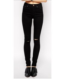 asos | ASOS Ridley Skinny Jeans in Clean Black with Displaced Ripped Knees(デニムパンツ)