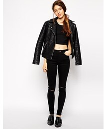 asos | Ridley Skinny Jeans in Clean Black with Displaced Ripped Knees(デニムパンツ)