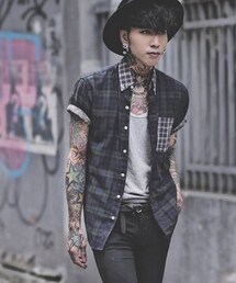 tastemaker | 格紋拼接短袖襯衫(シャツ/ブラウス)