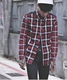 tastemaker | 紅格紋拼接襯衫(シャツ/ブラウス)