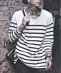tastemaker | 米白黑紅條紋長TEE(Tシャツ/カットソー)