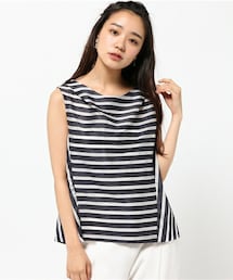 GALLARDAGALANTE | GALLARDAGALANTE ガリャルダガランテ ノースリーブ ボーダーブラウス,FREE,ブルー (シャツ/ブラウス)