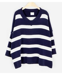 Vネックボーダー柄ルーズニット(Tシャツ/カットソー)