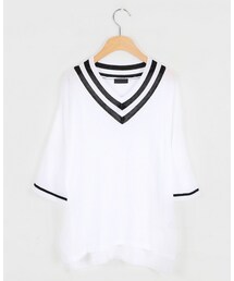 バイカラーライン五分袖サマーニットトップス(Tシャツ/カットソー)
