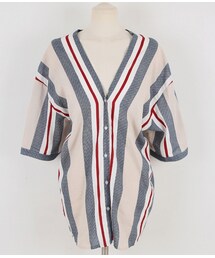 モダンストライプVネックノーカラーシャツ(シャツ/ブラウス)