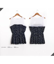 OBdesign | 星星/圓點撞色拼接縮腰無袖上衣(タンクトップ)