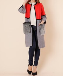 ellerie | ブロックカラーふわふわファーポケットコーディガン(ノーカラージャケット)