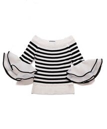 ellerie | オーガンジーフレアスリーブマリン風ボーダーオフショルニット(ニット/セーター)