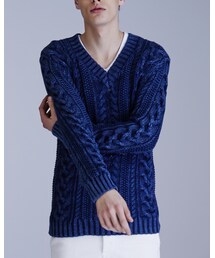 SandBlaster by attack the mind 7 | CABLE V-NECK KNIT SandBlaster by attack the mind 7 VINTAGE-INDIGO(60) (ニット/セーター)