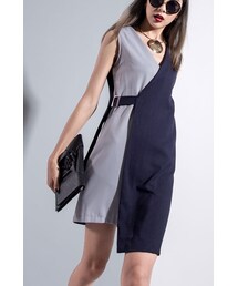 OL風雙色拼接綁帶修身連身裙(スカート)