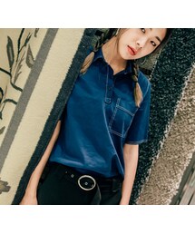 深藍白線滾邊短袖襯衫(シャツ/ブラウス)