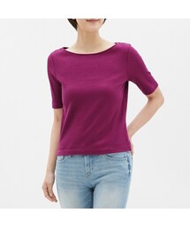 GU | GU ワッフルボートネックT（半袖）ピンク(Tシャツ/カットソー)