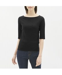 GU | GU リブボートネックT(5分袖) ブラック(Tシャツ/カットソー)