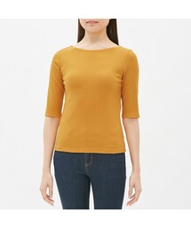 GU | GU リブボートネックT(5分袖) イエロー(Tシャツ/カットソー)