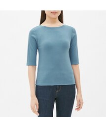 GU | GU リブボートネックT(5分袖) ブルー(Tシャツ/カットソー)