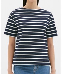 GU | ボーダーボートネックT(半袖)  ネイビー S 990円(Tシャツ/カットソー)