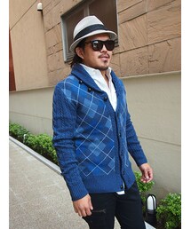 AKM | AKM cable knit shawl argyle cardigan NAVY(ニット/セーター)