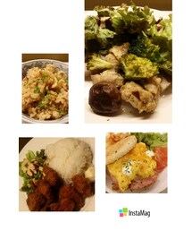 男の手料理🍴 | 右上:鶏とブロッコリー炒め,右下:3種チーズとターキーのエッグマフィン,左上:筍入り炊き込みご飯,左下は:鶏カツプレート(その他)