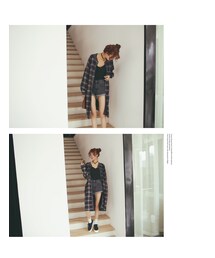 韓版長款立領複古格子風衣外套(トレンチコート)