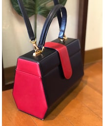 銀座かねまつ | (古着)BOX型レザーバッグ/ネイビー×赤(バッグ)