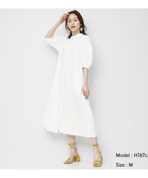 GU | バンドカラーシャツワンピース5分袖　M　オフホワイト(シャツワンピース)