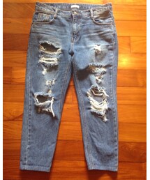 no brand | テーパードシルエット・アンクル丈のクラッシュデニム(デニムパンツ)