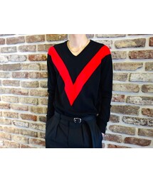 JOHN LAWRENCE SULLIVAN | JOHNLAWRENCESULLIVAN 4A002'16-24 Vネックコットンニット COLOR:BLACK×RED(ニット/セーター)