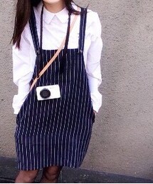 PAZZO | 前胸大口袋 條紋吊帶裙（深藍）(スカート)