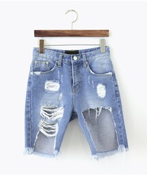 ダメージカットアンバランスハーフパンツ(デニムパンツ)