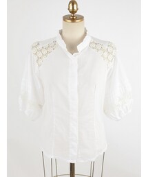 刺繍切替フリルネック パフスリーブブラウス(シャツ/ブラウス)