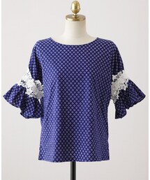 アイレットプリントスリーブレースカットブラウス(シャツ/ブラウス)