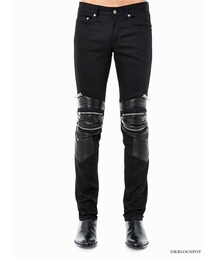 SAINT LAURENT PARIS | Saint Laurent Leather and Denim Biker Jeans(デニムパンツ)