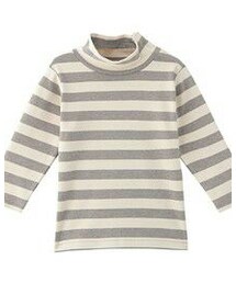 無印良品 | 起毛スムースボーダーハイネック長袖Ｔシャツ（ベビー）　ベビー８０・モカブラウン×ボーダー(Tシャツ/カットソー)