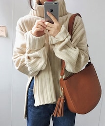 再入荷!秋冬スリット不規則ハイネック無地カジュアルセーター(ニット/セーター)