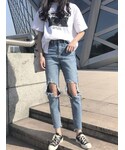 春韓国風シンプルダメージ加工デニムパンツ(デニムパンツ)