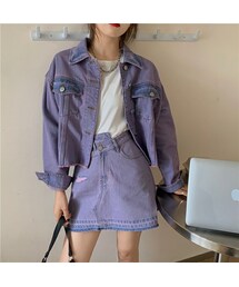 「単品注文」 大人気 ファッション パープル デニム ジャケット 「単品注文」 ハイウエスト ミニスカート カジュアル 上下セットアップ(デニムスカート)