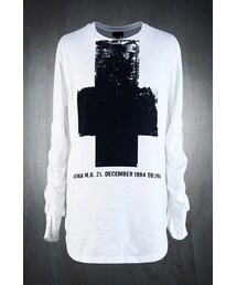 クロスプリント袖ギャザーTシャツ (Tシャツ/カットソー)