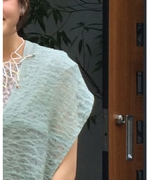 Handmade | 麻の生地を淡いグリーンに染めて、葉っぱのブローチを留めるとボレロに*(その他アウター)