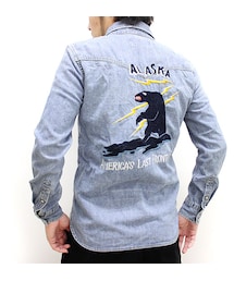 REMI RELIEF | ナチュラル加工デニムウエスタンシャツ(インディゴ刺繍スカ柄熊)/REMI RELIEF(レミレリーフ)(シャツ/ブラウス)