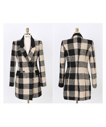 ウール配合ベージュチェックコート(ピーコート)