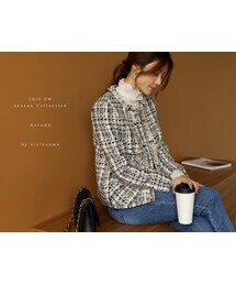 フリンジポイントノーカラーツイードジャケット(ノーカラージャケット)