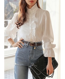 フリルトリミングハイネックブラウス(シャツ/ブラウス)