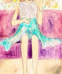 オリジナルイラスト | 白い小花と水色スカートの切り替えワンピースドレス(ドレス)