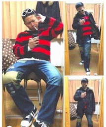 🔸前回の赤黒ボーダーニット投稿😎‼️ | 🔸赤黒ボーダーニットコーデ😎✨(その他)